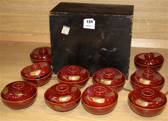 A set of 10 Japanese rice bowls and covers, with fitted box